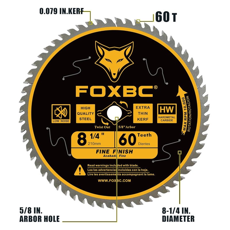 FOXBC 8-1/4 Inch Table Saw Blade 60 Tooth Fine Finish Wood Cutting with 5/8" Arbor, Diamond Knockout - Image 2